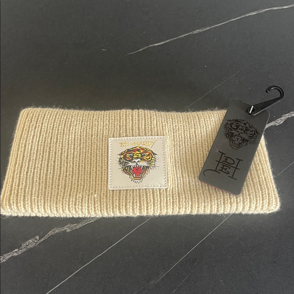 Ed Hardy Cream Knit Headband with Tiger Patch